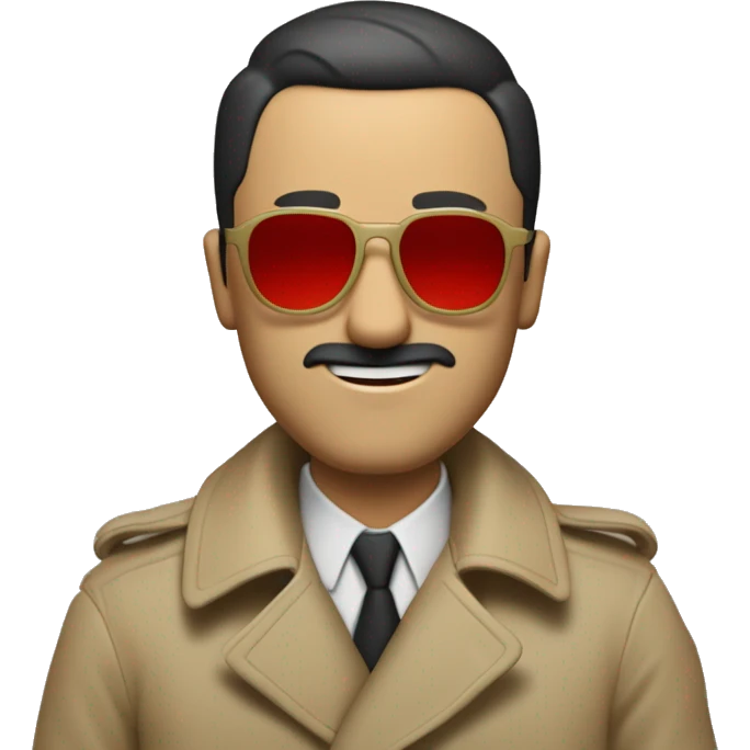 <excerpt>
A 1930s white man with real buzz cut Black hair, beard stubble donning tiny red tinted sun glasses in a dirty tan trench coat, is serious.
</excerpt> emoji
