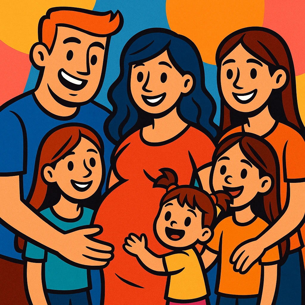 cartoon-style family with father, pregnant mother, two teenage daughters, and a toddler girl, all smiling and close together emoji