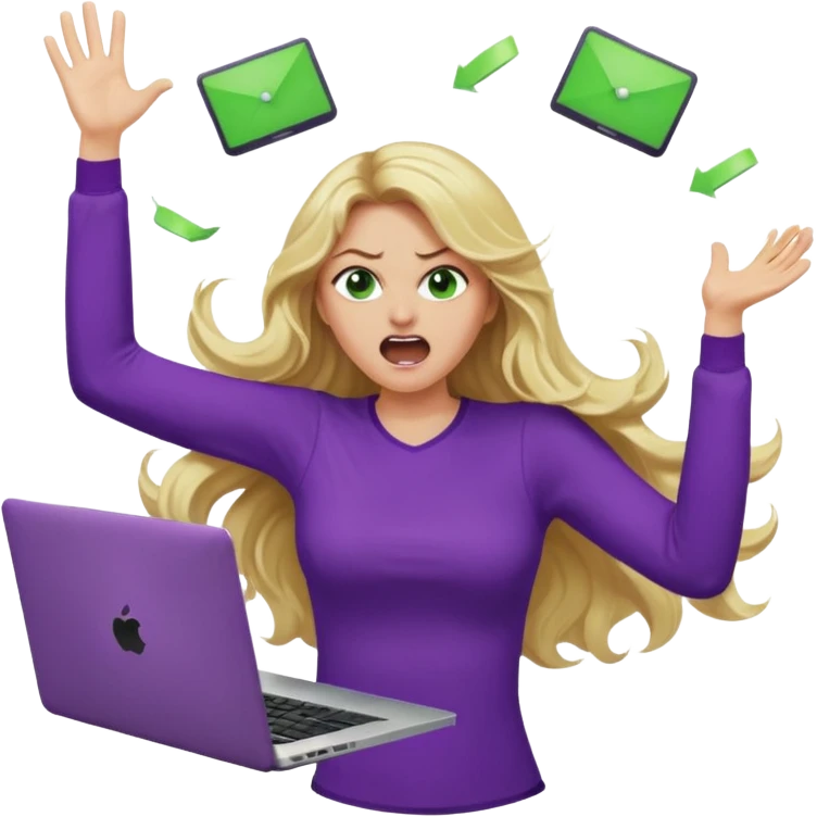 lady with long blonde wavy hair, purple top, green eyes throwing her with a laptop hands in the air screaming emoji