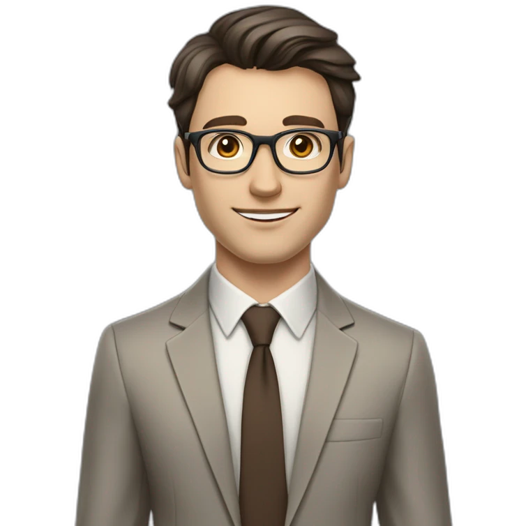 Pale skinned fit man with dark brown hair in gray jacket, beige office shirt, brown tie, brown pants and vintage glasses Writing on the flipchart emoji