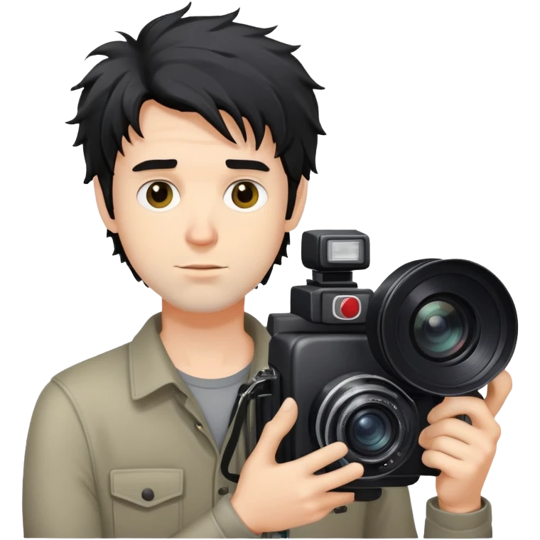 a white man with black messy hair holding a foto camera emoji