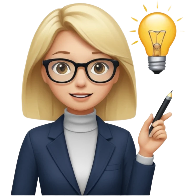 A cute blonde girl emoji in cartoon style as a professional presentation designer. She wears stylish glasses, a modern outfit like a chic blazer or turtleneck, and holds a digital tablet or stylus. She has an excited expression with a lightbulb idea. emoji