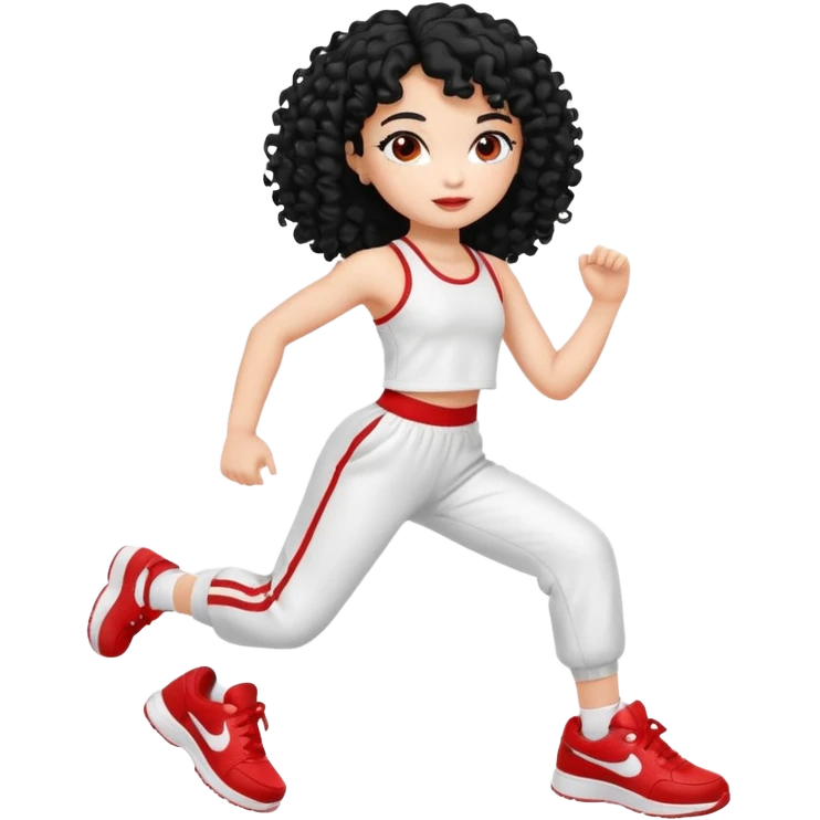 generate a pretty bratz fair skinned girl with curly black hair wearing a white gym set and excersing with red shoes on emoji