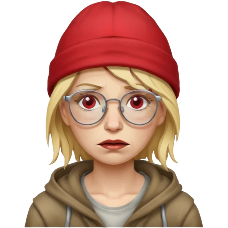 very dirty looking homeless woman with ripped red hat with ugly blond hair and broken glassess emoji