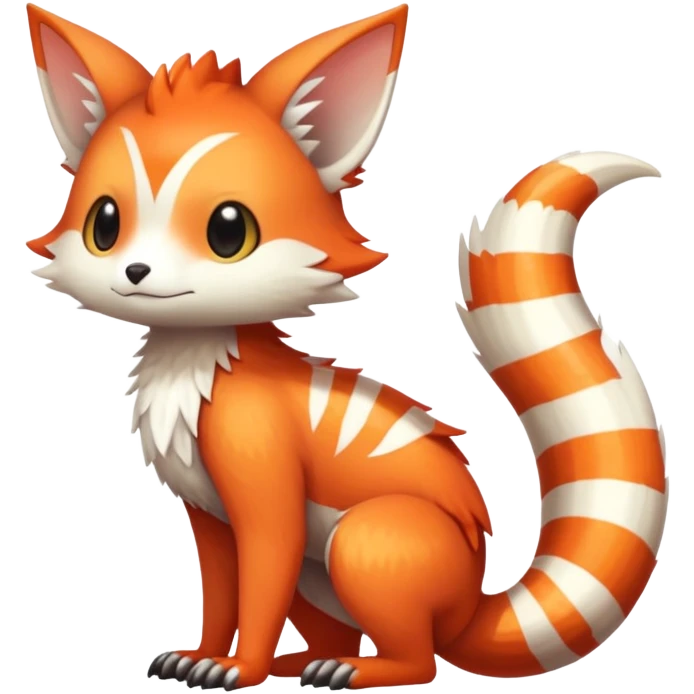 lush warm-colored Fakémon-Trico-creature (full body) with white cheek markings, white-striped tail emoji
