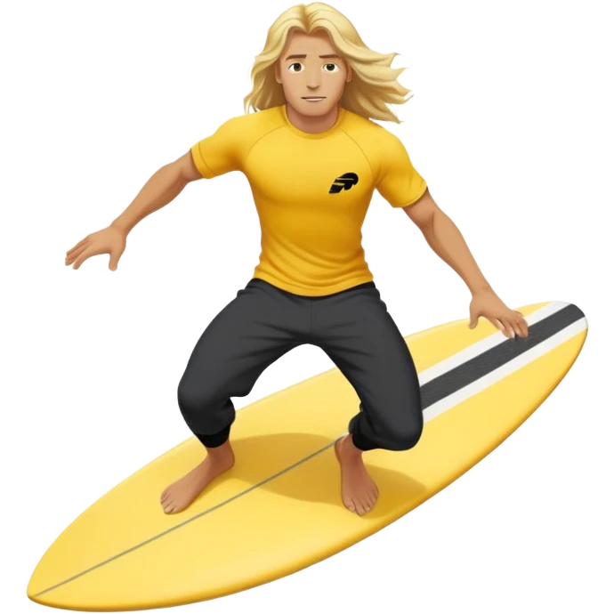 Man Surfer surfing with long blond hair, yellow t-shirt with black Nike logo in center of chest, black baggy sweatpants. On a yellow and white board emoji
