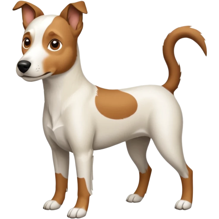 a full body large white parson russell looking dog the size of a kelpie with light brown flapped down ears and a light brown patch on one eye and a large snout emoji