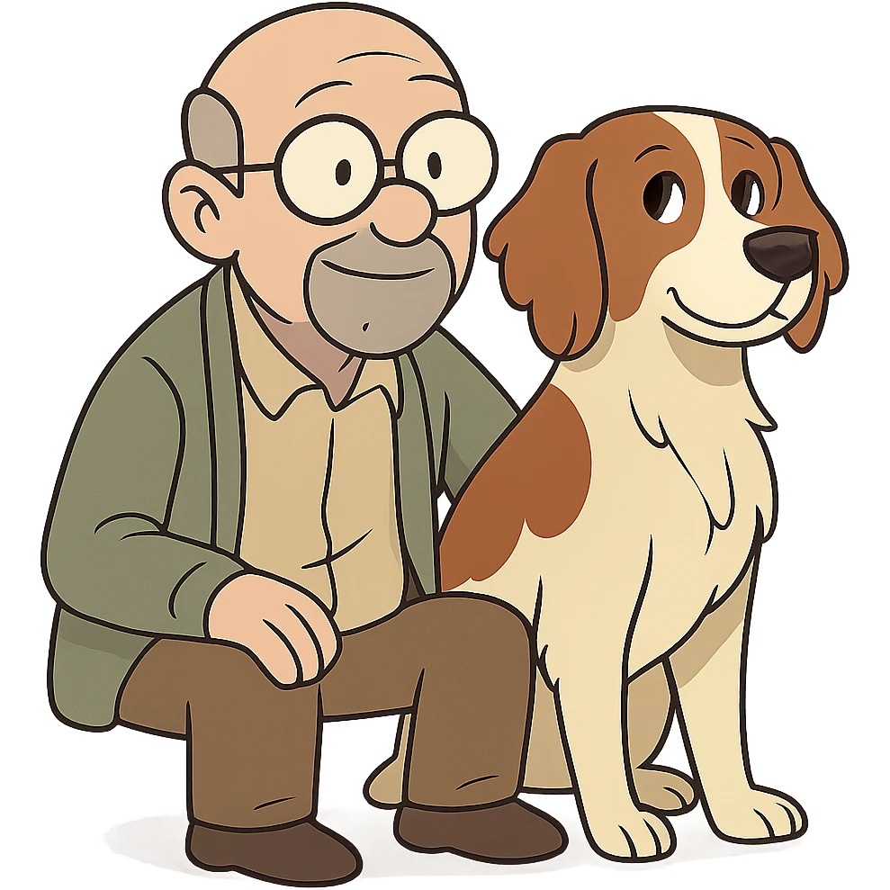 cartoon style bald old man with round glasses and grey goatee sitting beside a Brittany Spaniel, both looking content emoji