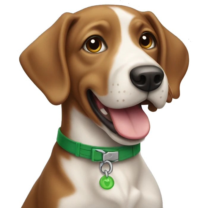 Brown and white dog with green collar and tongue sticking out emoji