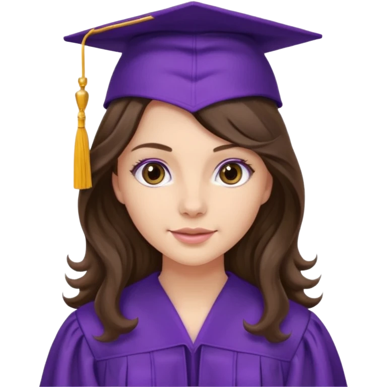 pretty brunette with long wavy hair wearing a purple graduation cap and gown emoji