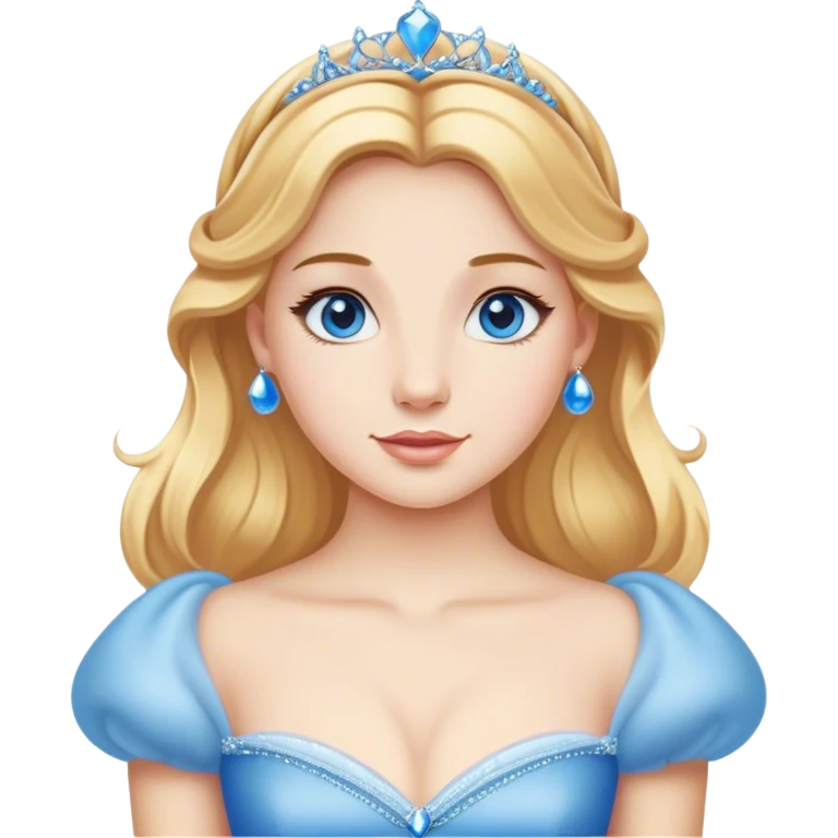 Cinematic Realistic Comical Cinderella Portrait, with every detail rendered realistically—from the soft, smooth texture of her fair skin to her artfully styled golden-blonde hair. Her bright blue eyes are wide with playful disbelief, and her expression carries a touch of whimsical humor while retaining elegant poise. Her classic ball gown, detailed with rich fabric textures and natural shadows, catches the light in a way that blends refined beauty with a hint of cheeky mischief, creating a striking, lifelike portrayal. emoji