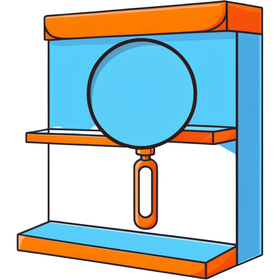 front view magnifying glass over empty orange beauty product shelf searching emoji