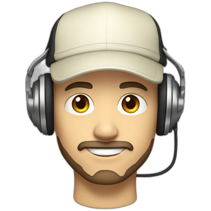 DJ with a cream white hat and headphones hanging over the cap. Brown hair. Short trimmed beard and mustache. Muscular emoji