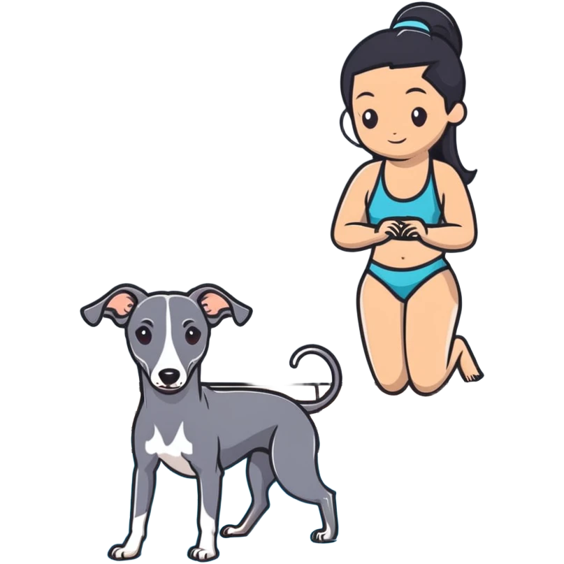 Slim Chinese woman with long black hair in pool attire at an indoor swimming pool with her Italian greyhound that is COMPLETELY and ENTIRELY solid dark grey, with ABSOLUTELY ZERO white markings anywhere on its entire body including face, nose, chest, paws - 100% uniform dark grey color only emoji