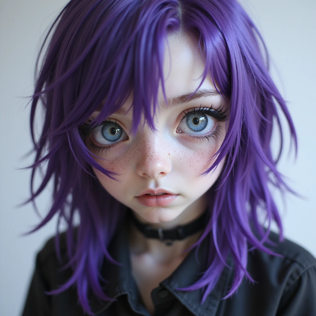 goth girl with purple asymmetrical hair, blue eyes, pale skin, semi-realistic style emoji