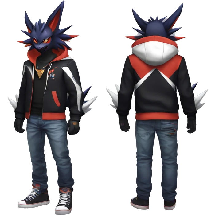 Cool Anthro Black Noivern-Absol-Litten-Pokémon with edgy stripes hoodie spiked collar punk Full Body emoji