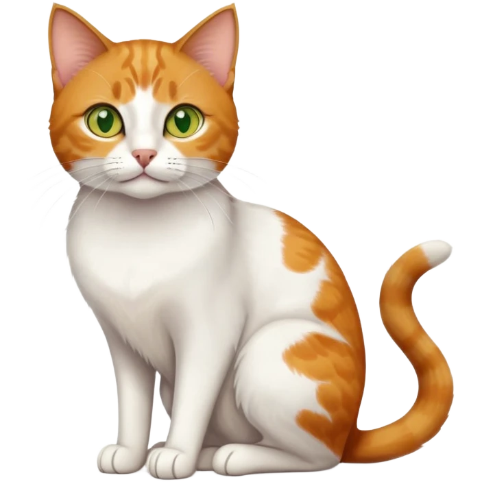 A mix breed cat (domestic shorthair and Arabian mau) sitting, with white fur, three ginger spots on its back, a ginger tail, and yellow-green eyes emoji