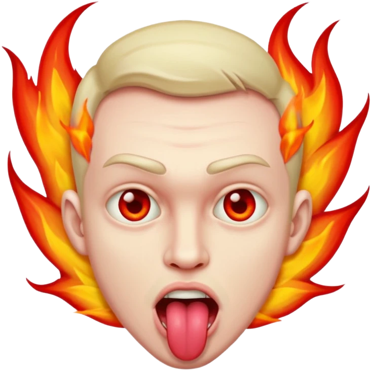 crazy man looking weird with wild expression, tongue out, eyes on fire emoji