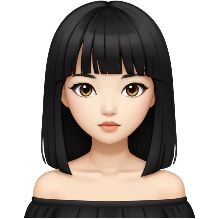 stylish woman with Asian skin, black off-shoulder top, long straight black hair with bangs, and soft makeup emoji