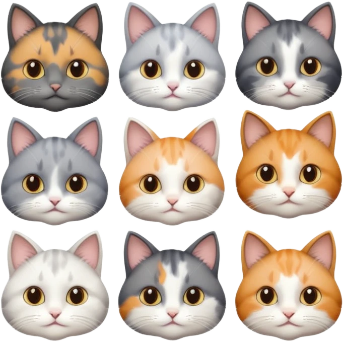 6 realistic looking cats with different natural coloured coats, assorted grey and white, greys, calico, brown and white colours etc
 emoji
