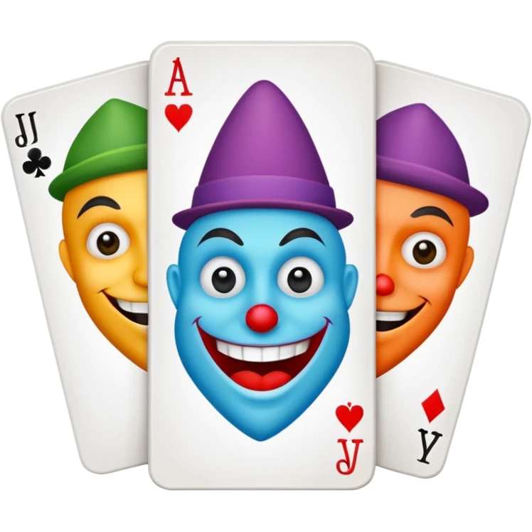 3 poker cards, with crazy colorful human jolly jokers inside, inversed face emoji
