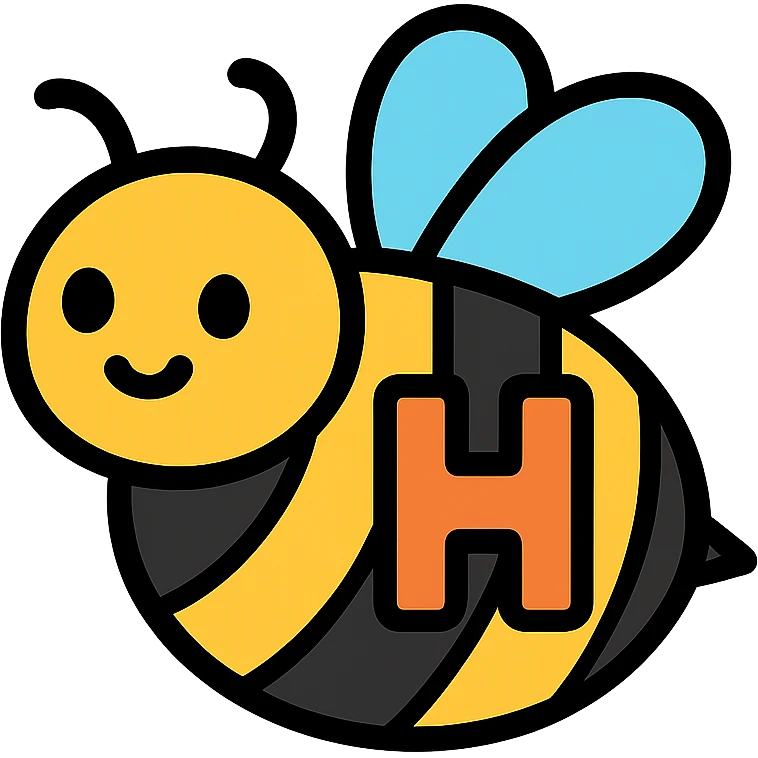 cartoonish bumblebee with the letter H, bold stripes, colorful lineal icon with black outlines emoji