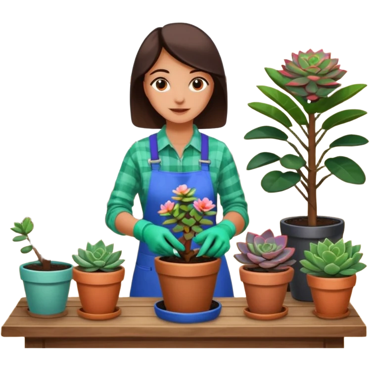 Close-up of a person planting a sapling in a pot. Around, potted plants and succulents with vibrant leaves and flowers. Sunlight filters through the window, casting soft shadows. Cozy indoor space with gardening tools on a wooden table. emoji