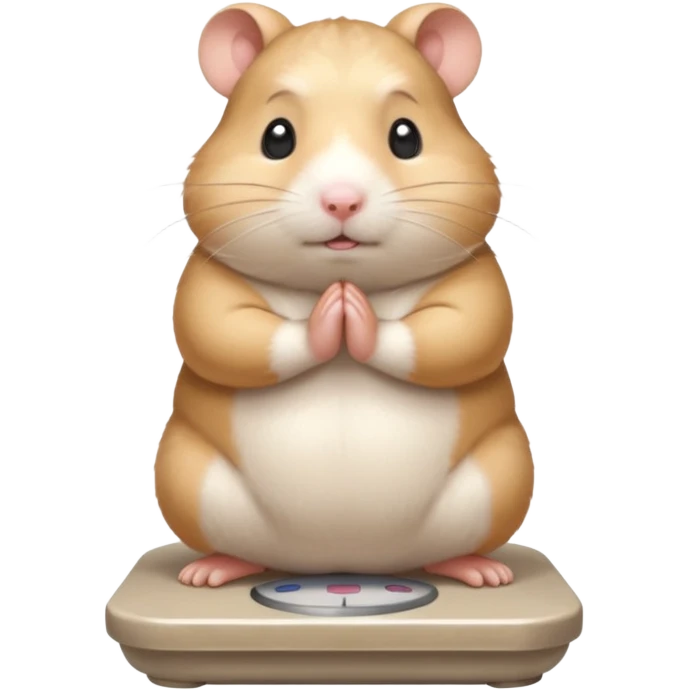 Cute chubby cartoon-style hamster standing on a bathroom scale, looking nervous with praying hands. Painterly shading, expressive eyes, white background, sticker-style illustration emoji