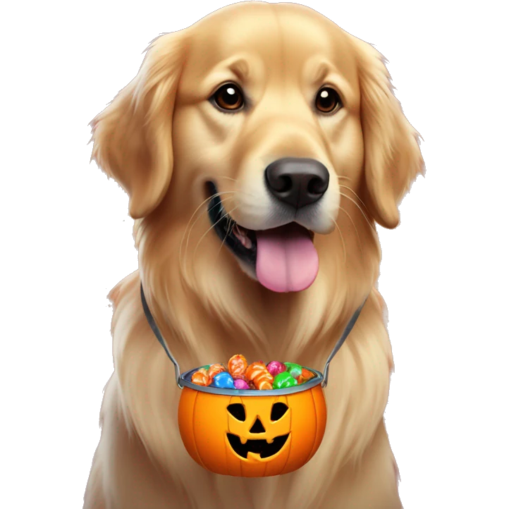 Golden retriever with a jack o lantern bucket full of colorful candy in his mouth emoji