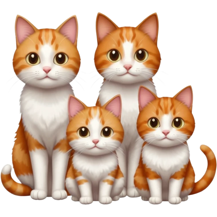 3 sibling cats each are various different natural colours; 1 is ginger and white, the next is brown tabby and white and the third is a calico emoji