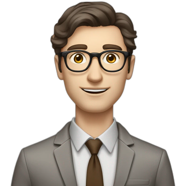 Pale skinned fit man with dark brown hair in gray jacket, beige office shirt, brown tie, brown pants and vintage glasses Writing text on the flipchart emoji