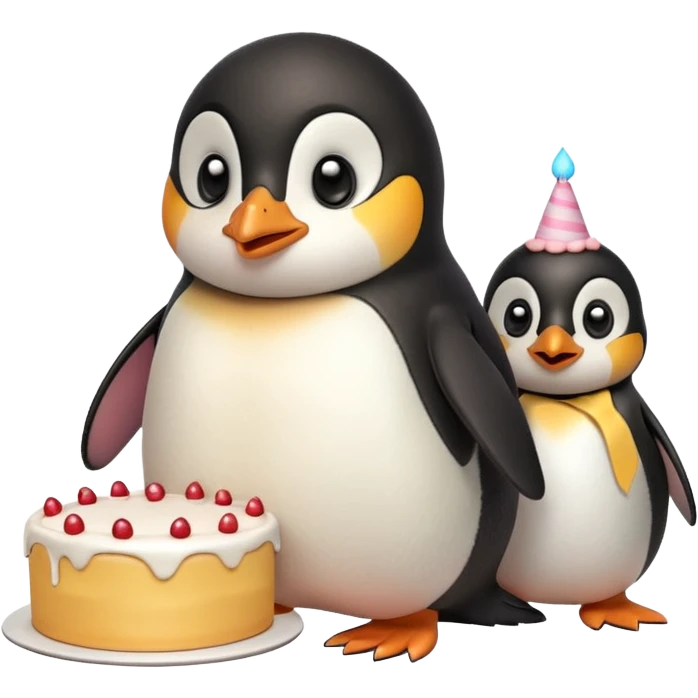 A penguin standing near a cake, feeling shy from a surprise celebration, portrait, bust up emoji