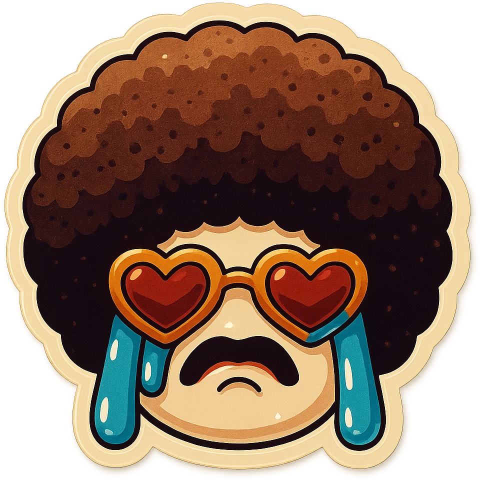 White circle face, afro, heart glasses, Crying with large tears, sobbing, lip quiver emoji