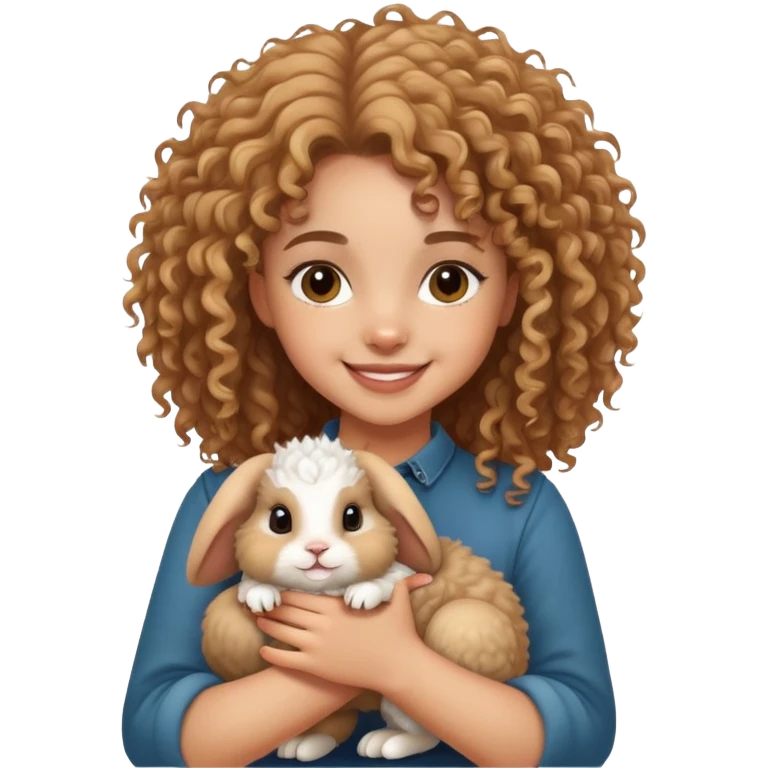 cute light skin curly haired girl holding a dwarf lionhead rabbit emoji
