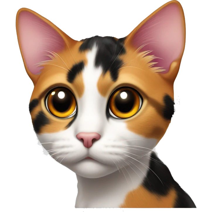 curious calico cat with pink nose, Mostly black markings on her head and a little orange markings on her left eye,gazing forward emoji