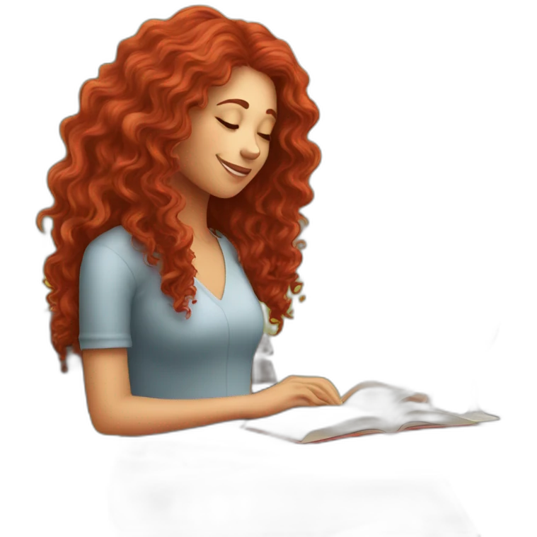 woman with long curly red hair reading a book with a glass of wine in a park emoji