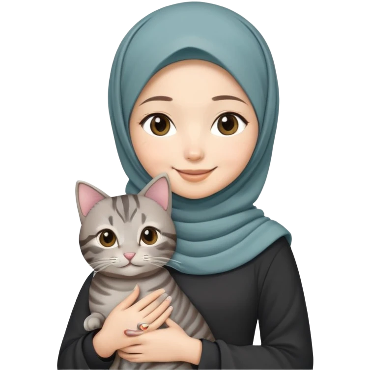 Asian white girl wearing hijab with dress holding a black grey tabby cat while smiling emoji