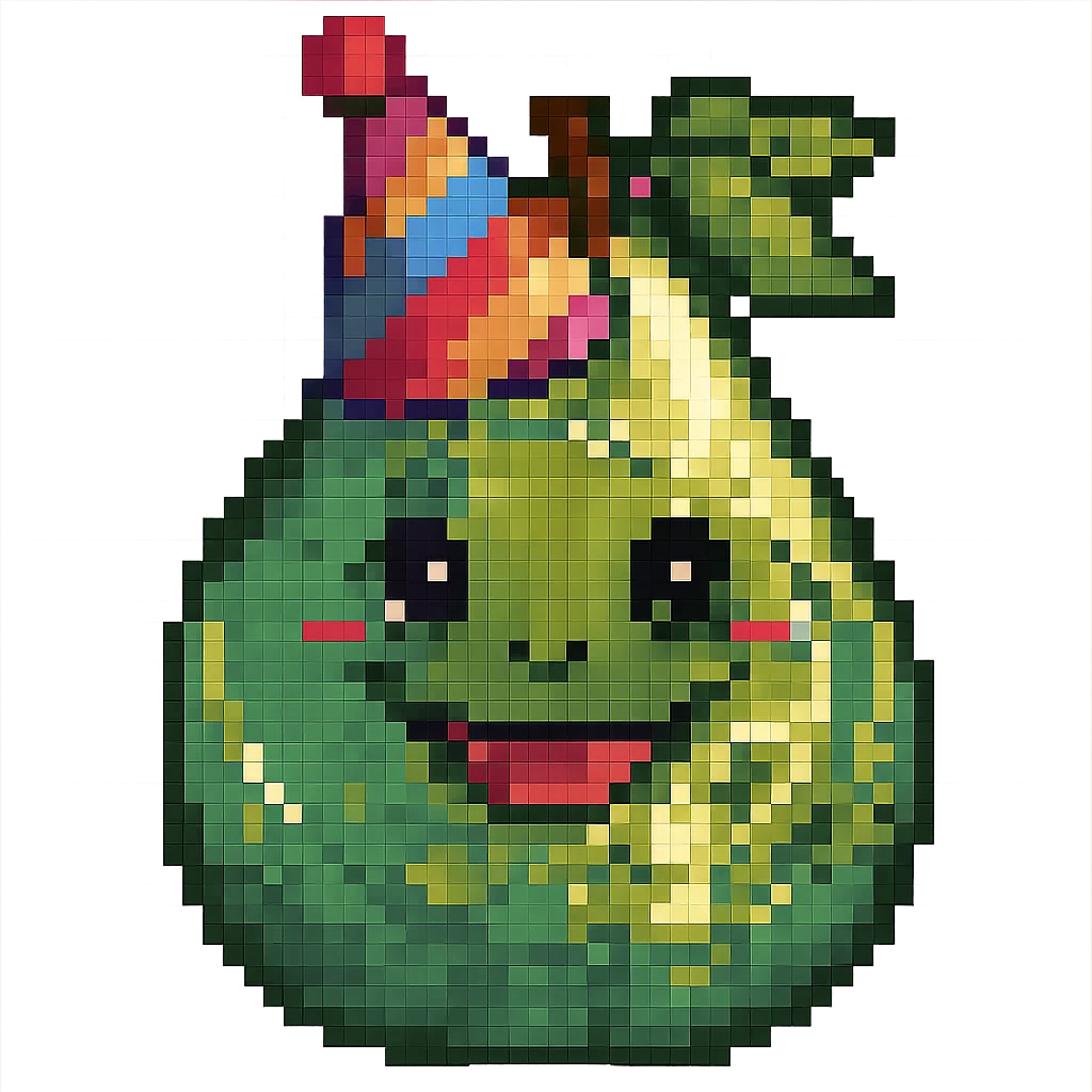 Add a colorful party hat to the happy pear with a big smile in pixel art style. Keep the pixel art aesthetic and no background. emoji