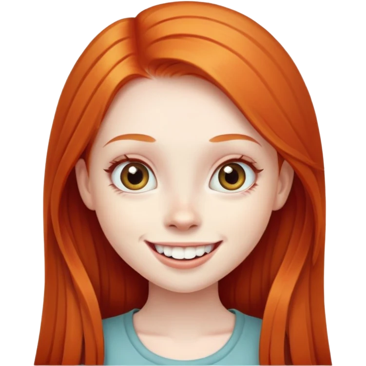 traditional simple emoji of young girl with very pale skin, long straight bright ginger red hair, big eyes, big smile with teeth showing, classic round face emoji
