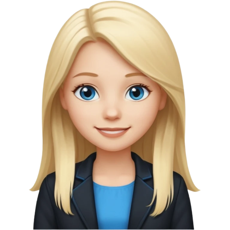 A white girl with long straight blonde hair, blue eyes and a white dress with a smiling black jacket emoji