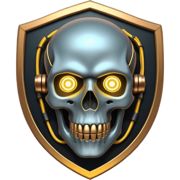 Cyberpunk shield, skull with cybernetic implants, glowing wires, dark electric silver and gold tones, no background emoji
