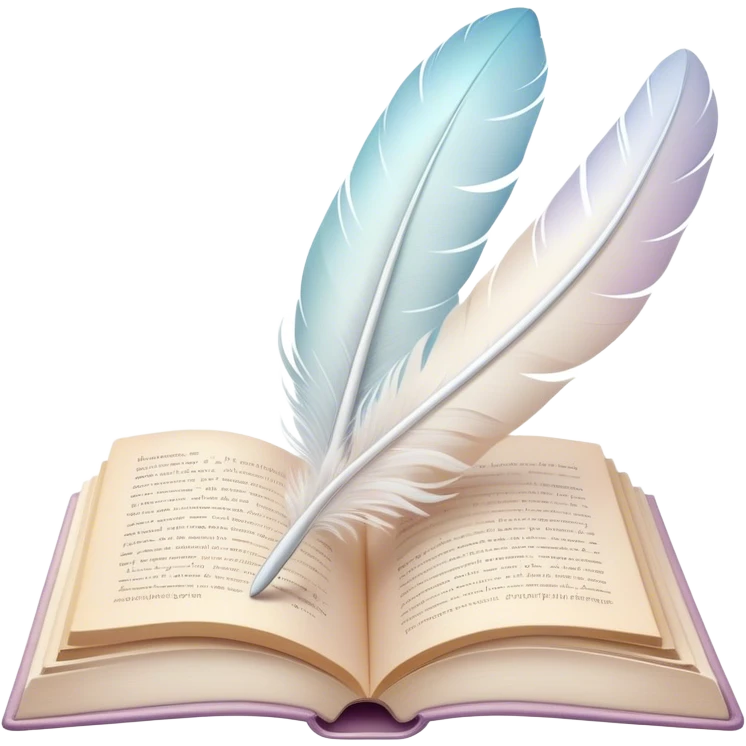 Create a delicate and poetic emoji representing poetry. The design should feature several elegantly flying pages with short poetic columns written on them. The pages should appear light and flowing, almost as if being carried by the wind. Include a white feather gently resting on the pages, symbolizing creativity and inspiration. Use soft, pastel tones to give it a dreamy, artistic feel. The design should feel ethereal and whimsical, capturing the essence of poetry. Make the background transparent. emoji