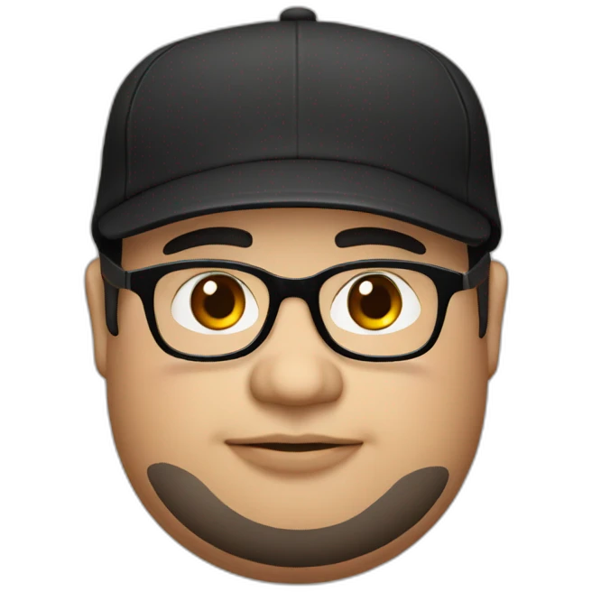 chubby guy, black cap, black glasses, ring nose, Brown eyes,  emoji