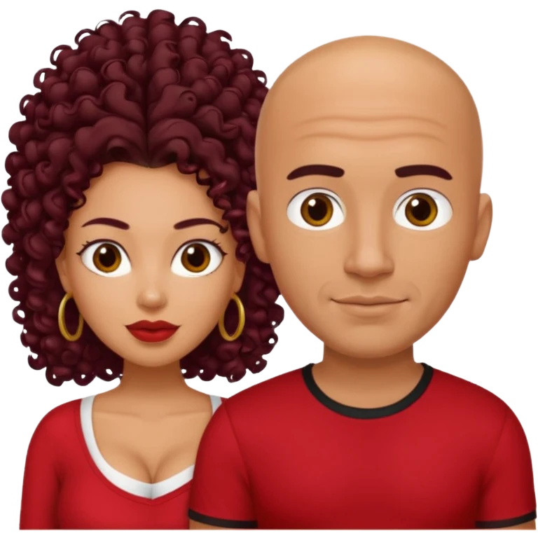 A picture of a sexy tanned couple. the guy is Mexican, with a bald hair cut and a red shirt. the girl is mixed, she has curly longer dark brown hair, and with big boobs and wearing black shirt  emoji