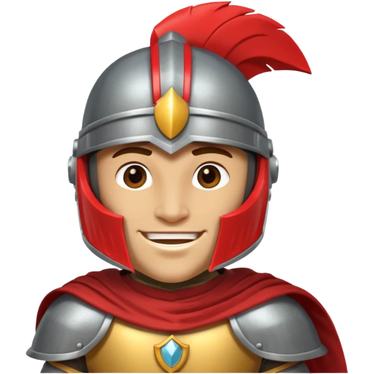 A friendly Trojan warrior mascot with a large cartoon-style head, wearing a silver helmet with a red crest and black cheek guards.  confident smile. The character wears dark armor with metallic details and a WITH yellow cape.  emoji