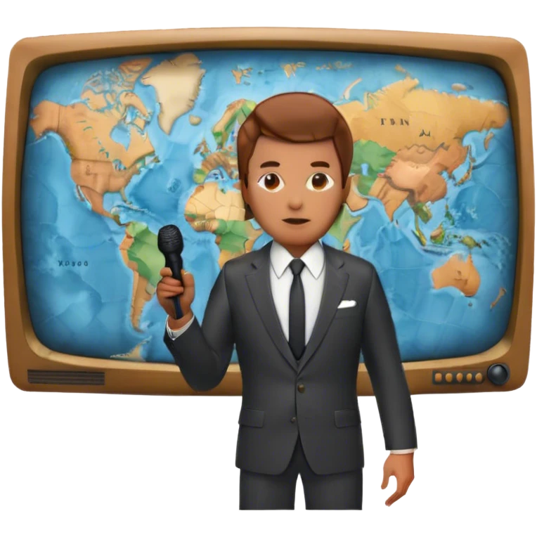 Icon for Documentary Film (TV style): A large vintage TV screen with a serious-looking host standing in front of a map. The host holds a microphone, and the map displays historical or geographical information. Retro TV broadcast style. Transparent background. emoji