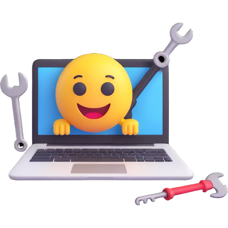 3D Emoji style icon for application testing setup, with a laptop, bug symbol, and wrench emoji