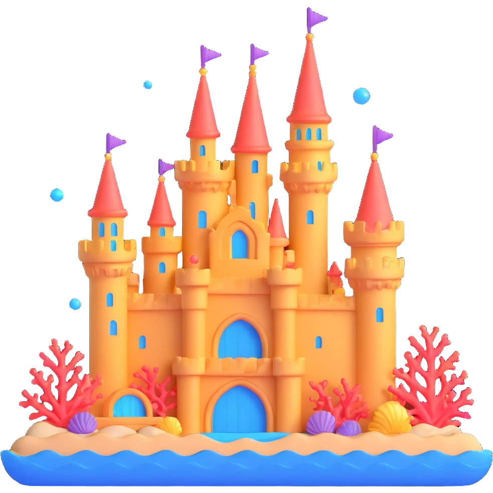 Ariel's underwater castle from The Little Mermaid, golden spires, colorful coral, seashell architecture, bubbles emoji