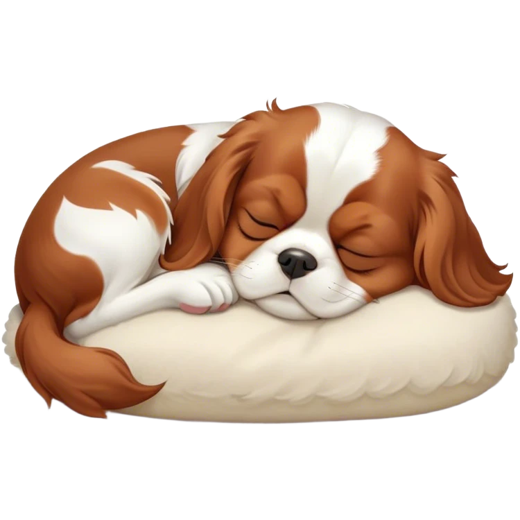 Cinematic Chubby Sleeping Cavalier King Charles Spaniel Portrait Emoji, Chubby and serene, with a round, endearing build and a plush, silky coat of rich chestnut and white, eyes gently closed in peaceful slumber, Simplified yet irresistibly endearing features, highly detailed, glowing with a gentle, dreamy glow, high shine, relaxed and content, stylized with a touch of whimsy, bright and heartwarming, soft glowing outline, capturing the essence of a blissfully sleepy companion, so comically serene it feels like it could roll out of the screen and snore with adorable charm! emoji