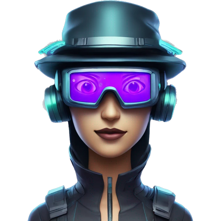 Secret humanoid agent in a futuristic hat with in Apple VR goggles headset code display on the goggles , cyberpunk, cyan and purple colors, only upper body portrait, front facing the camera  emoji